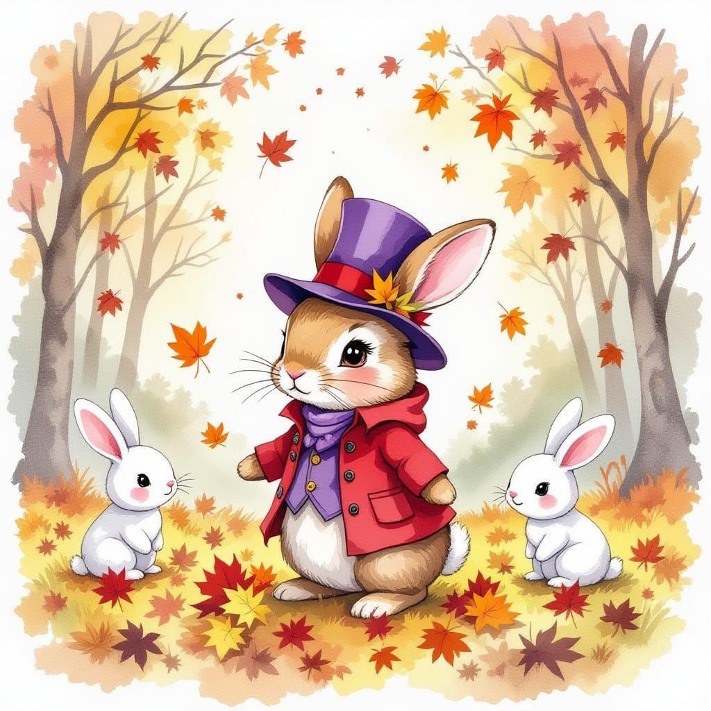 Brown Rabbit in Autumn Leaves with Red Coat and Top Hat