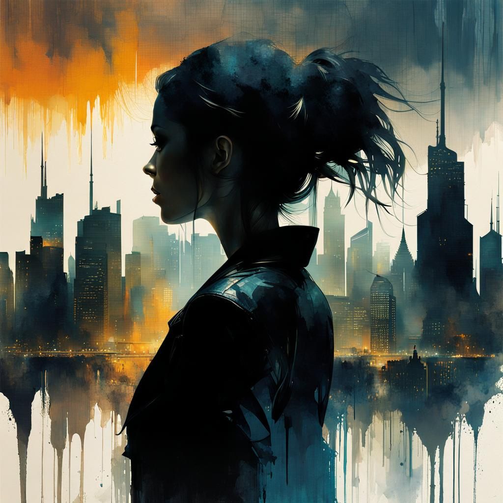 Cyberpunk Double Exposure: Woman and Futuristic Cityscape