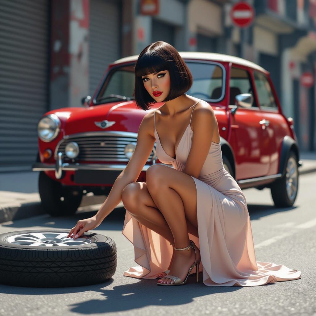 Stylish Woman Changes Tire on Mini Cooper in Urban Setting