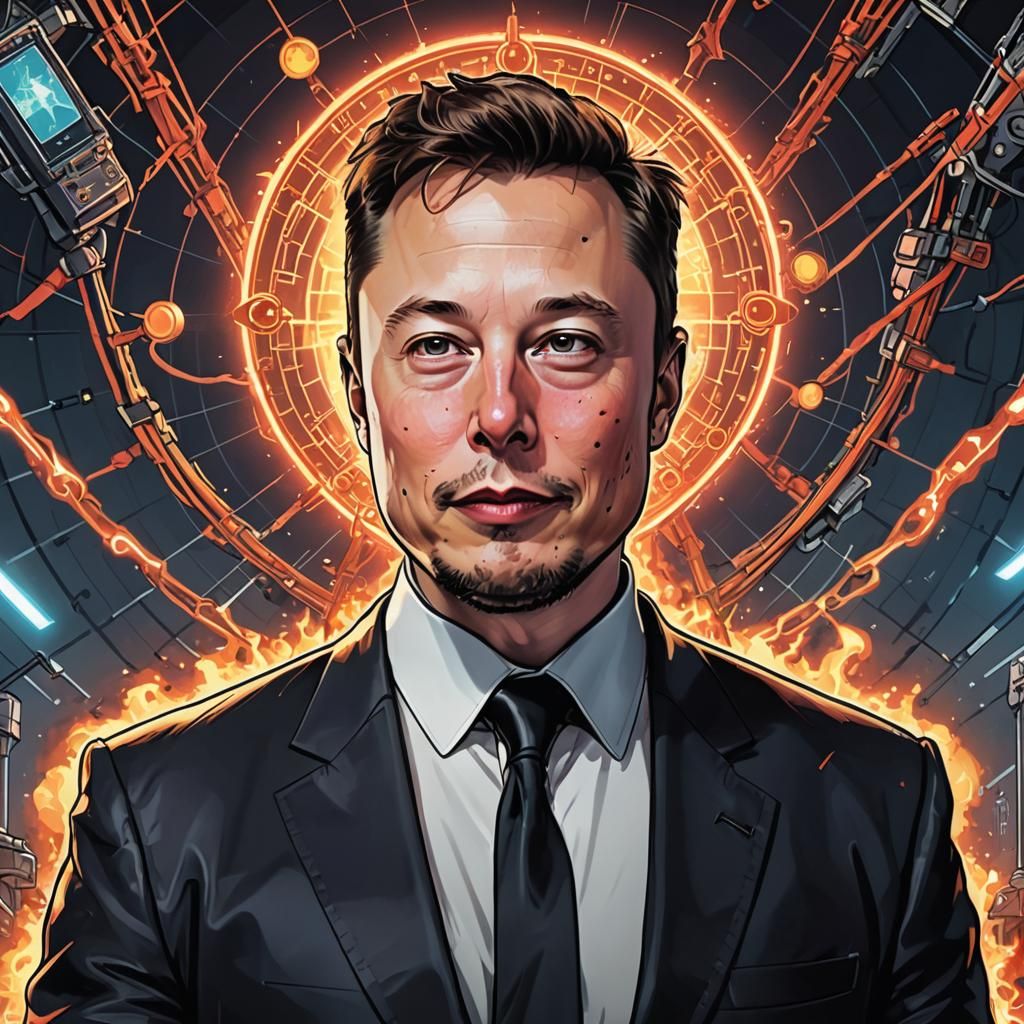 Elon Musk as Anti-Christ in Cyberpunk Cartoon