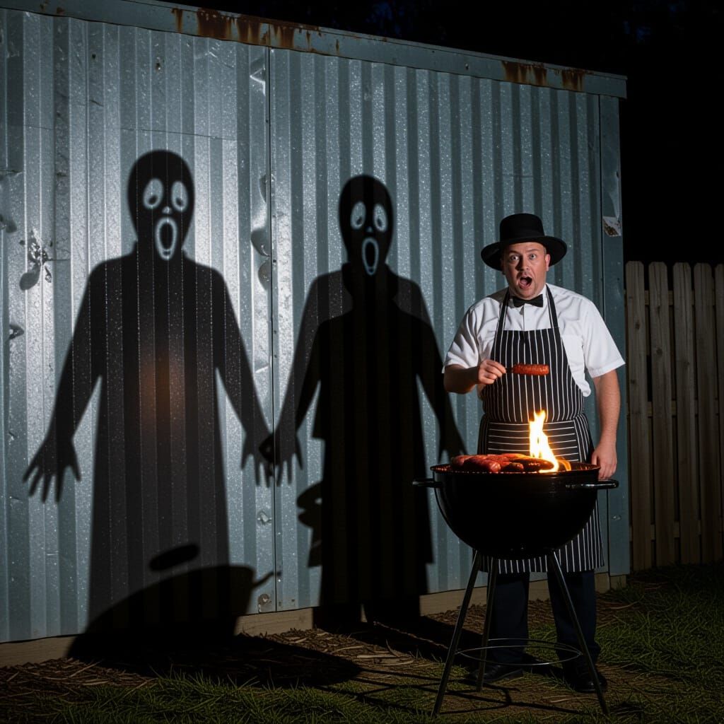 Shocked BBQ Man Amidst Ghostly Sausage Shadows