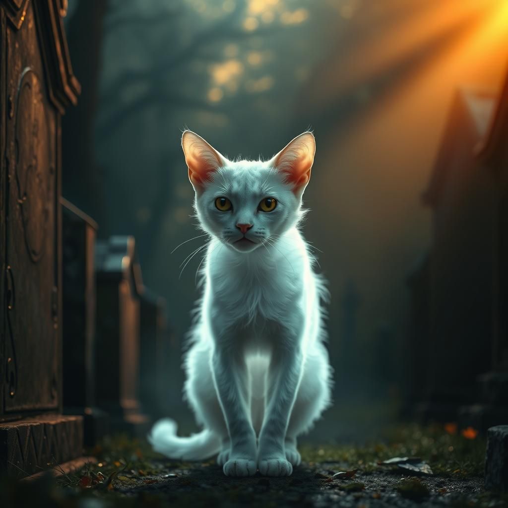 Ethereal Cat Ghost in Cemetery with Soft Light