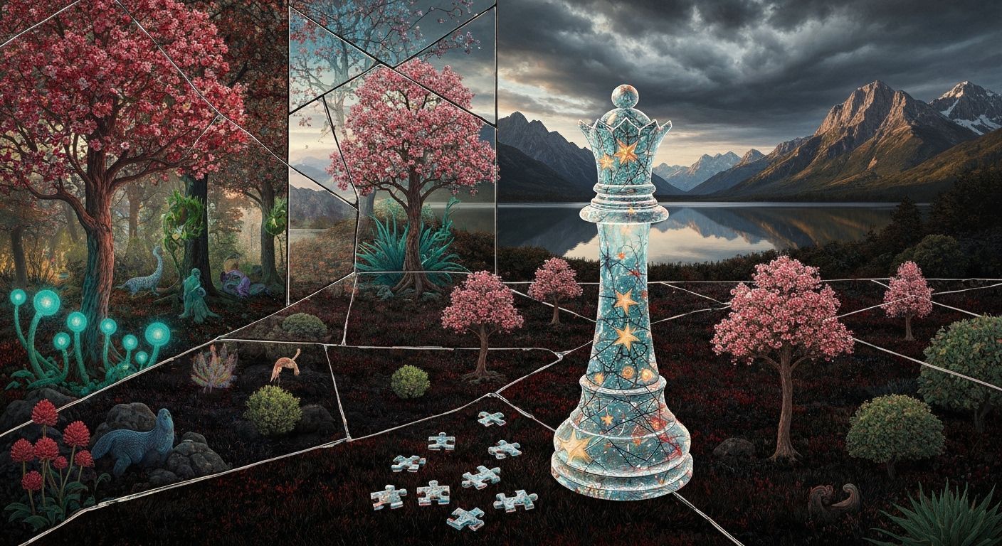 Surreal Mirror Labyrinth with Bioluminescent Flora and Chess...