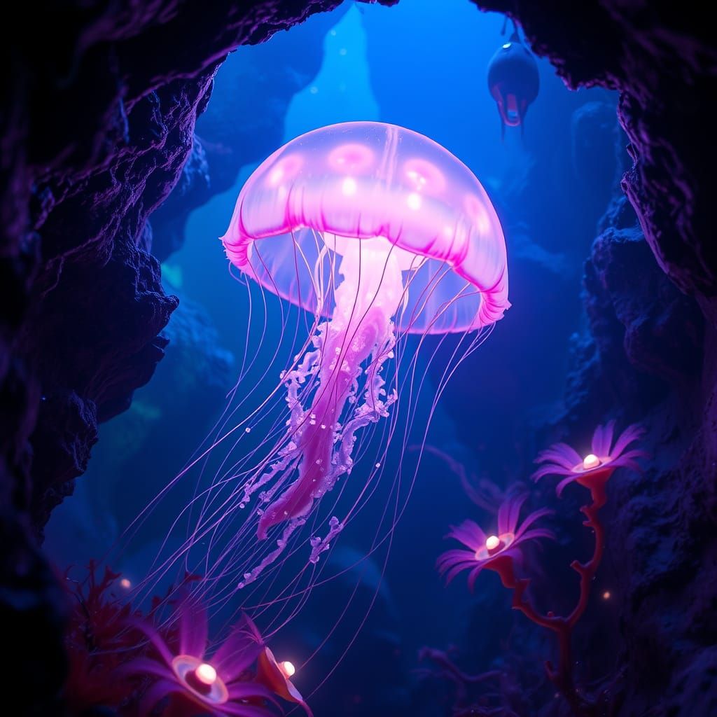 Bioluminescent Jellyfish in Neon-Lit Underwater Cave