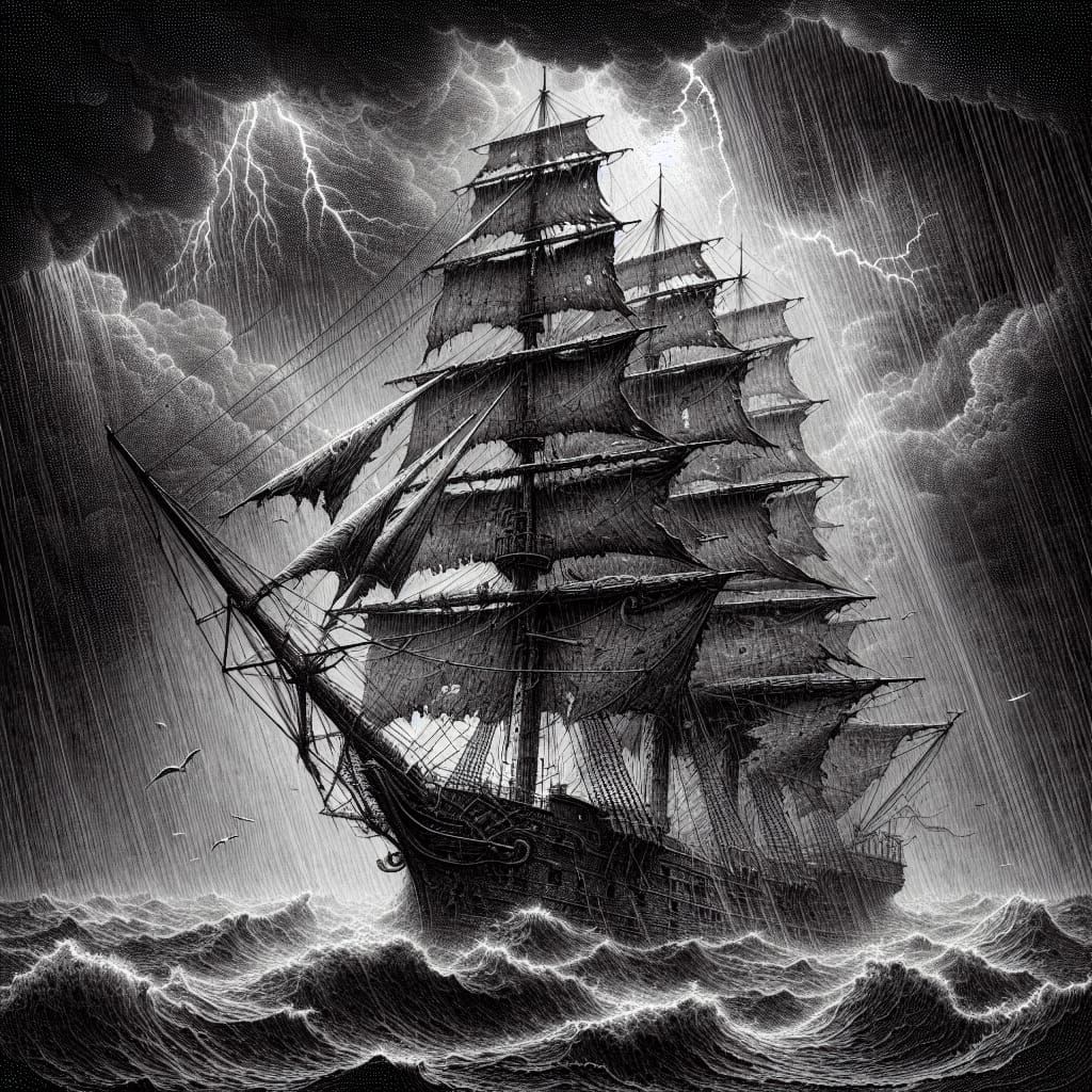 Ghost Schooner in Tempestuous Storm, Engraving Style