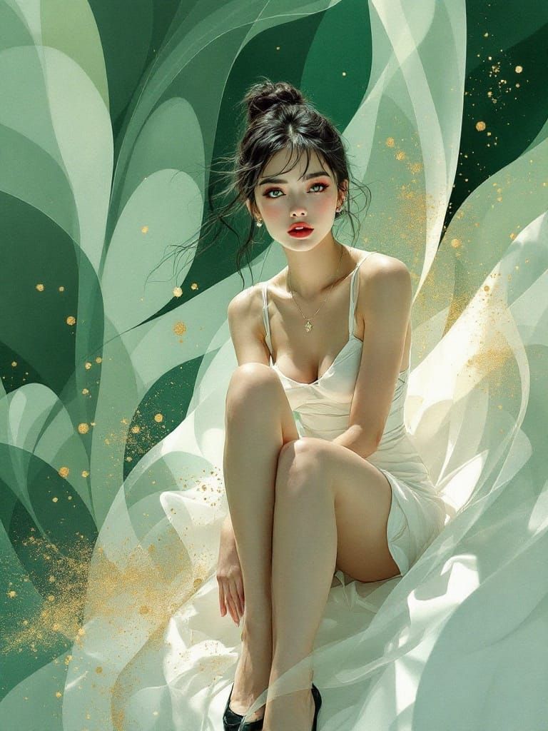 Figure Study in Emerald and Gold, Digital Illustration