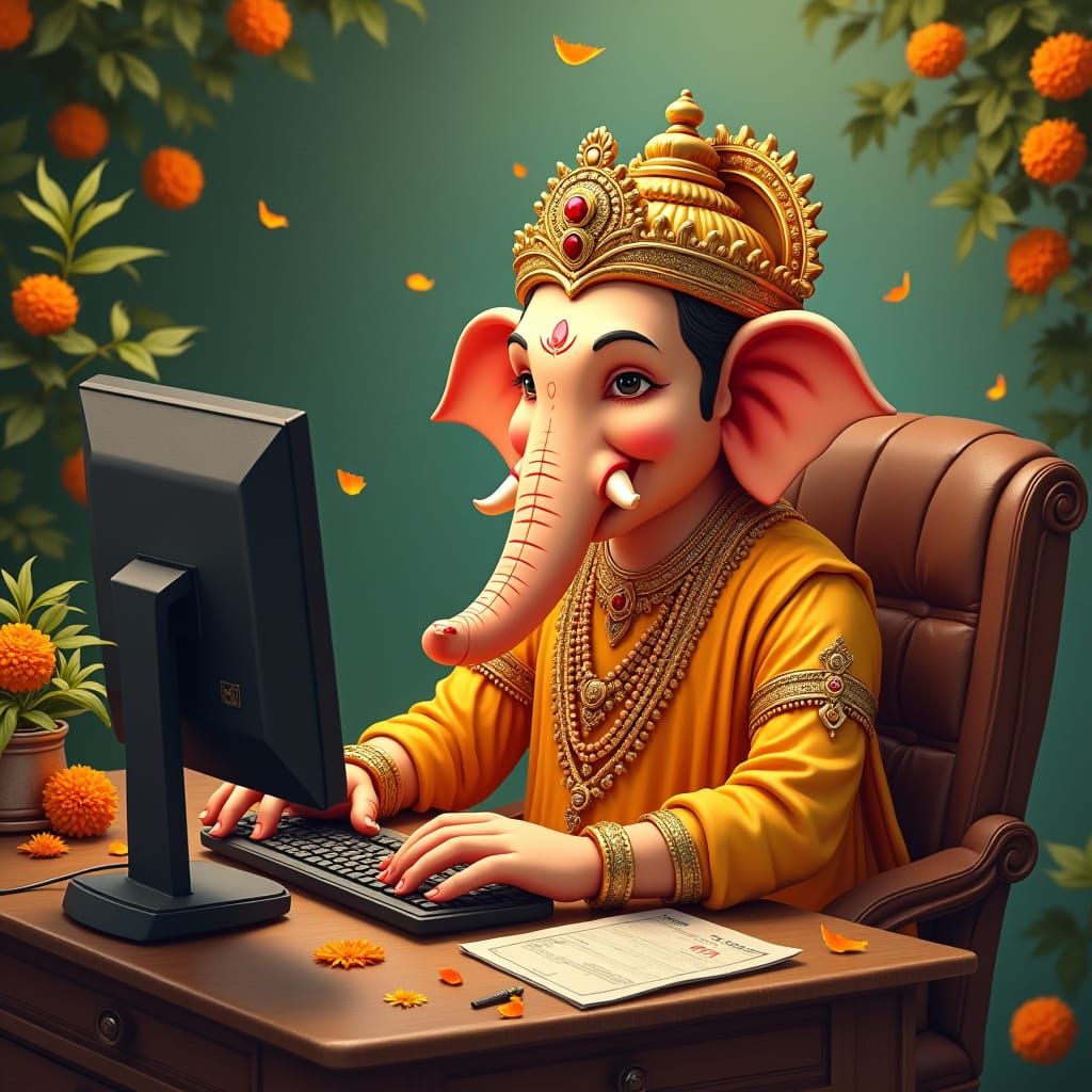 Ganesha Trading Stocks with Marigold Flowers