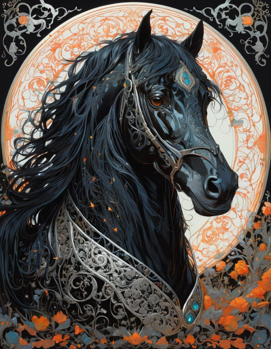 Ethereal Black Horse in Resplendent Oil Painting Style