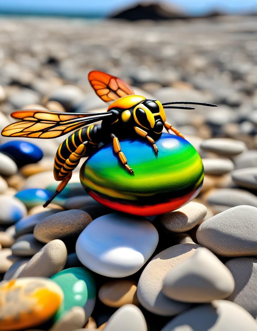 Hornet Painted on Pebble: Vibrant Acrylic Art