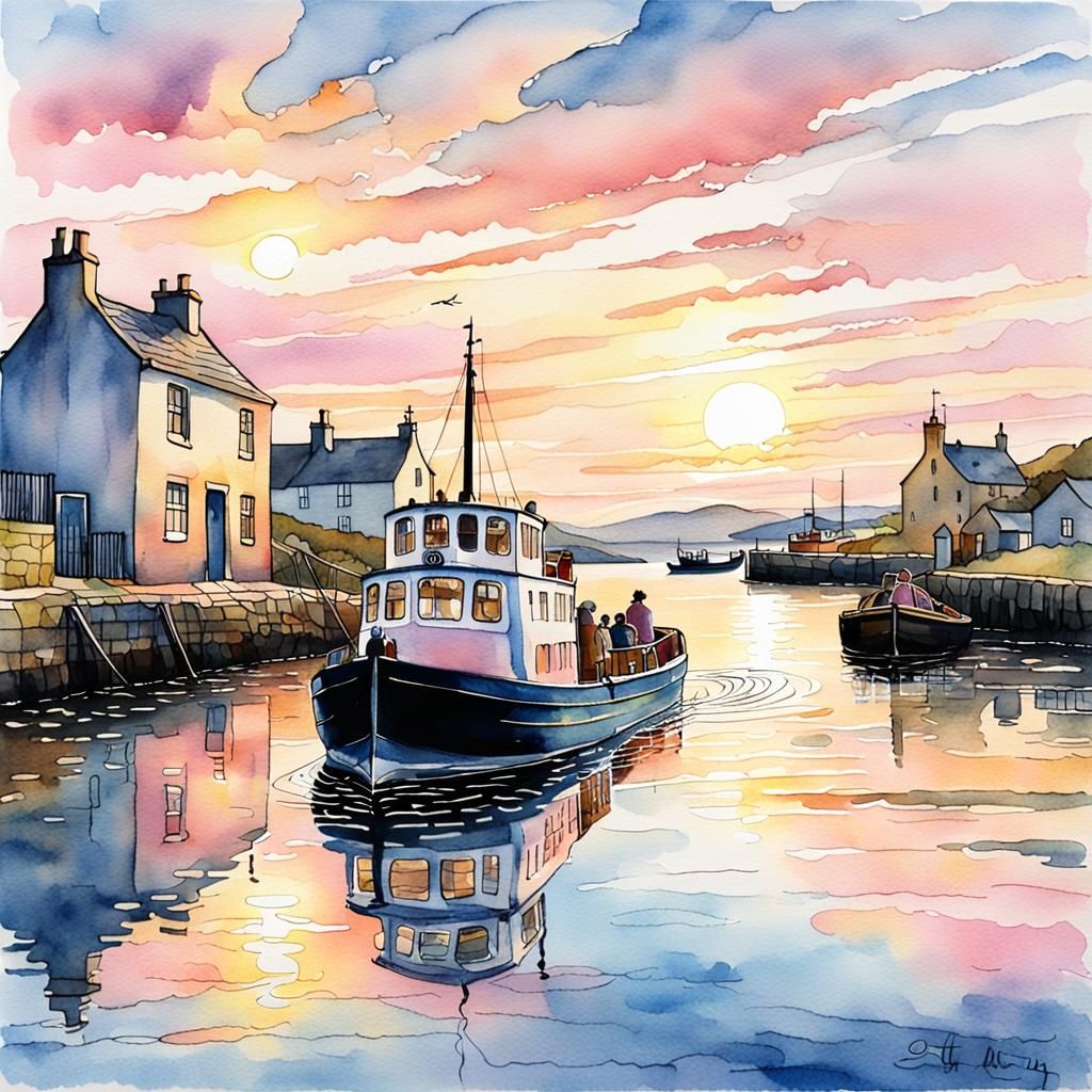 Scottish Harbour Ferry at Sunset in Watercolour Style