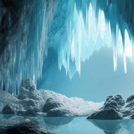 in a fantastic cave made of glittering ice