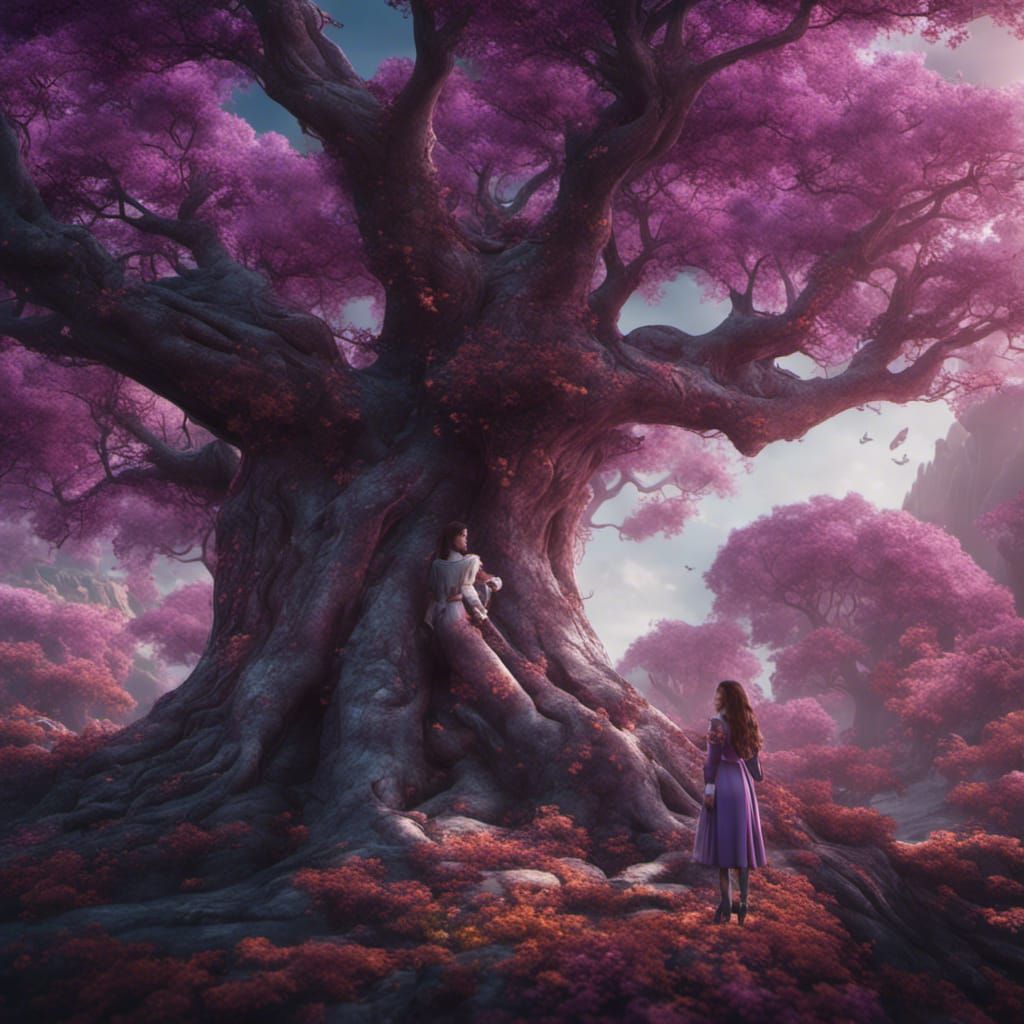 Woman Smiles at Purple Tree in Wonderland Style