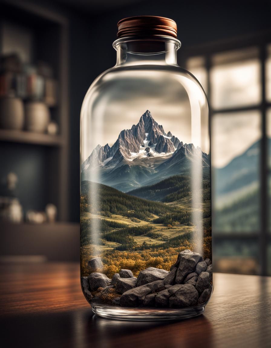 Mountain Landscape Trapped in a Bottle: Hyperrealistic HDR