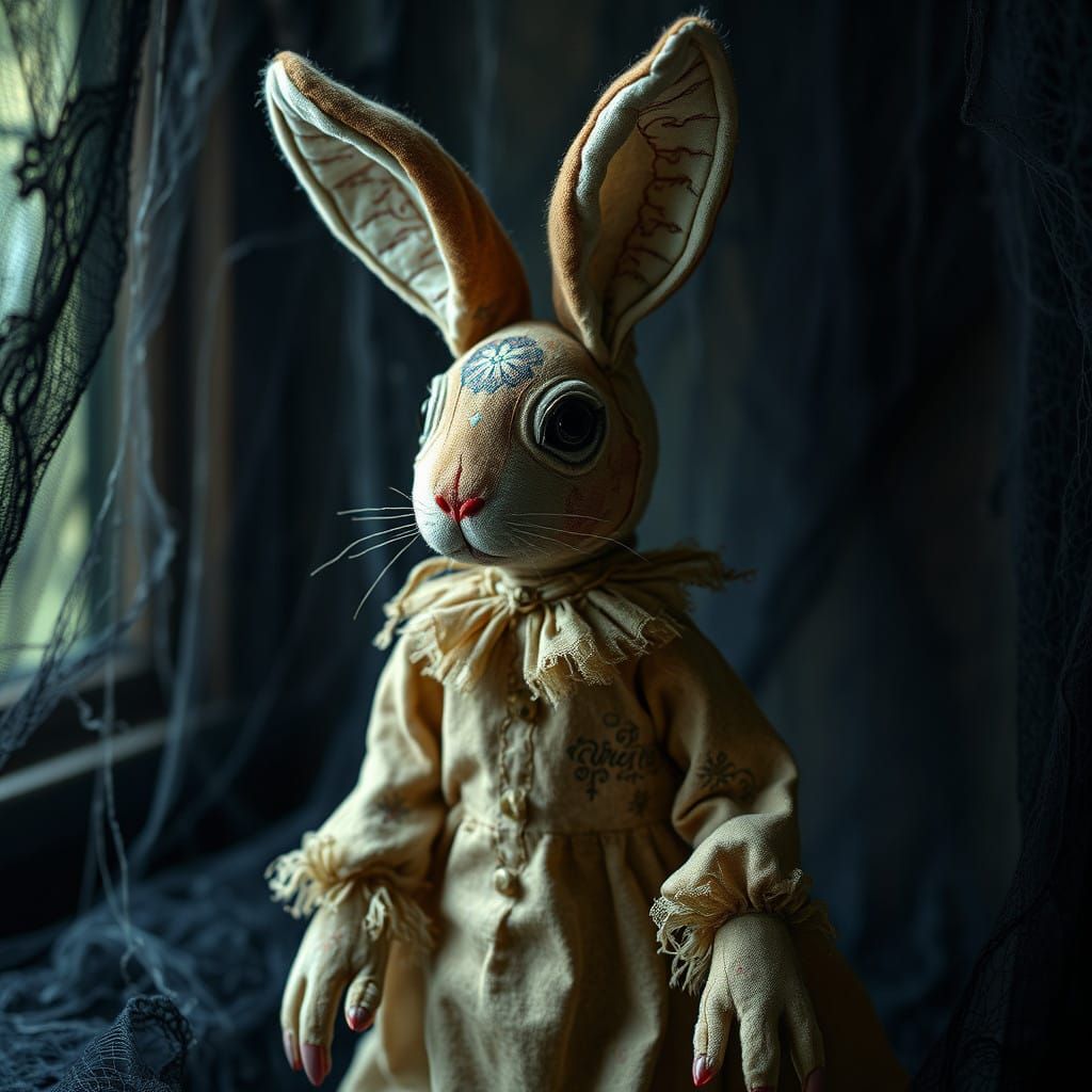 Macabre Rag Rabbit in a Haunting Carnival Setting