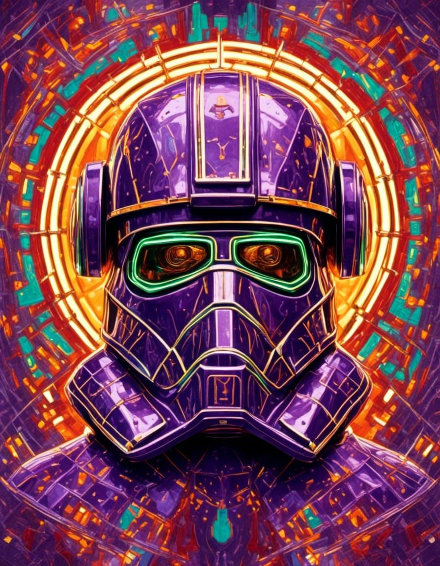 Plum purple helmet with green, orange, and yellow pinstripin...