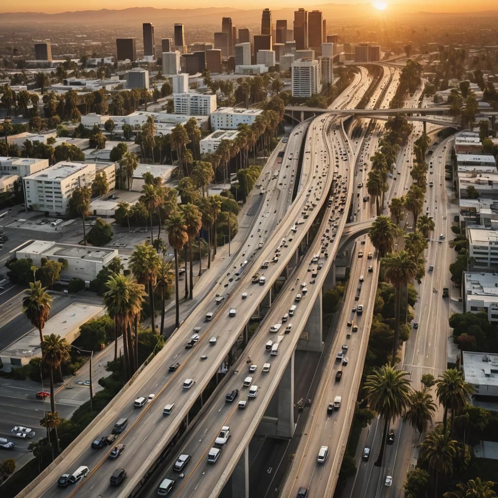Los Angeles Freeway at Sunset with Palm Trees