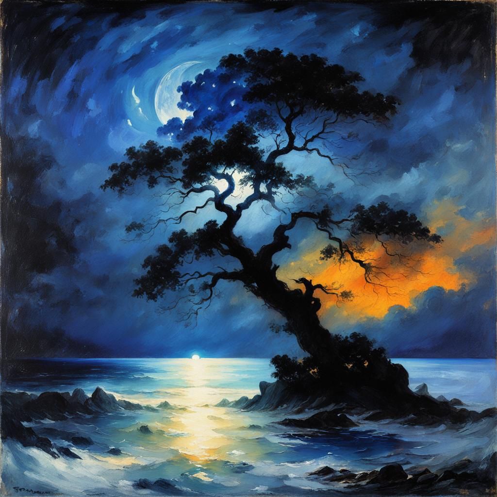 Tree Silhouette on Night Sea: Oil Painting