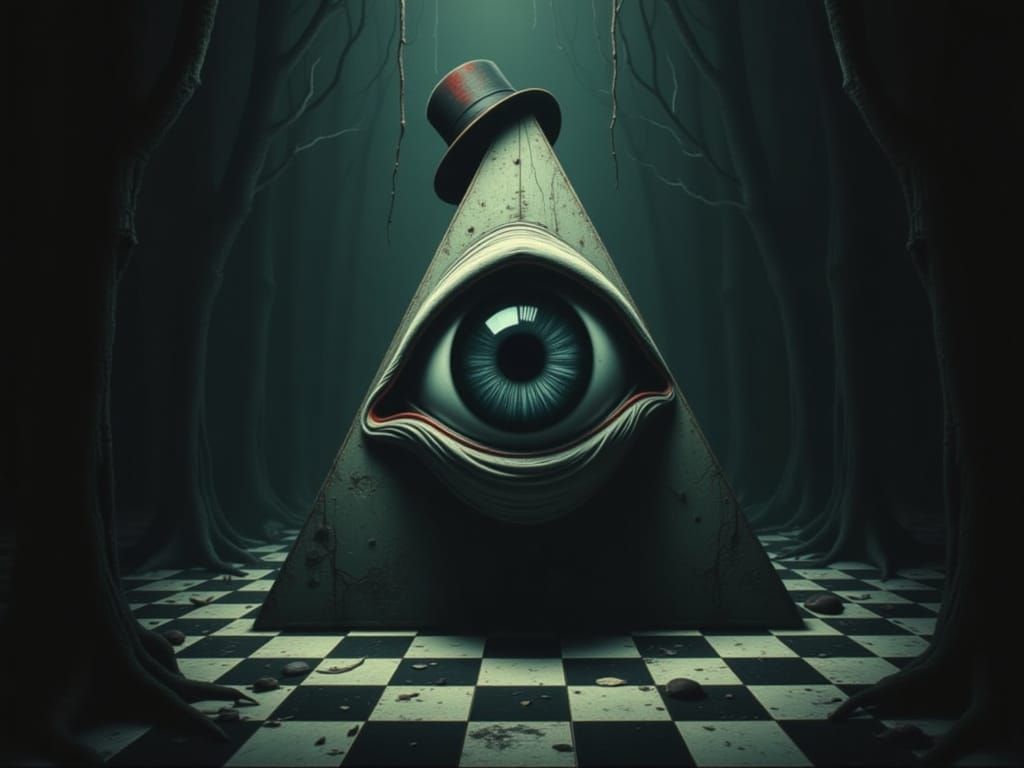 Checkered Triangle with Top Hat in Analog Horror Style