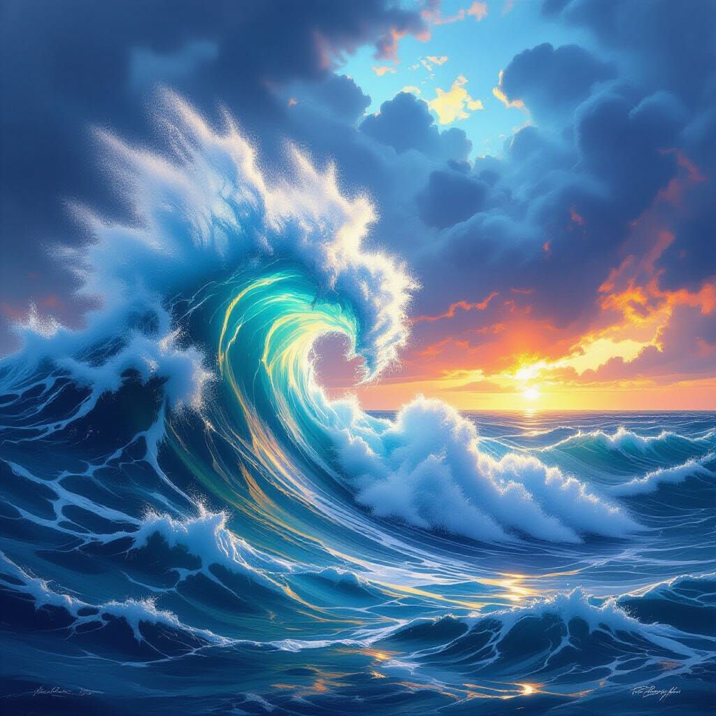 Tempestuous Sea with Colossal Waves Under Stormy Skies