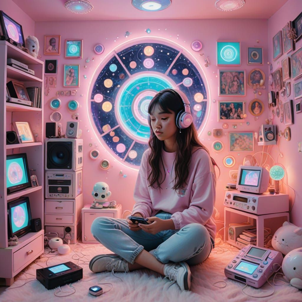 Teen Girl in Pastel Bedroom with Floating Tamagotchis