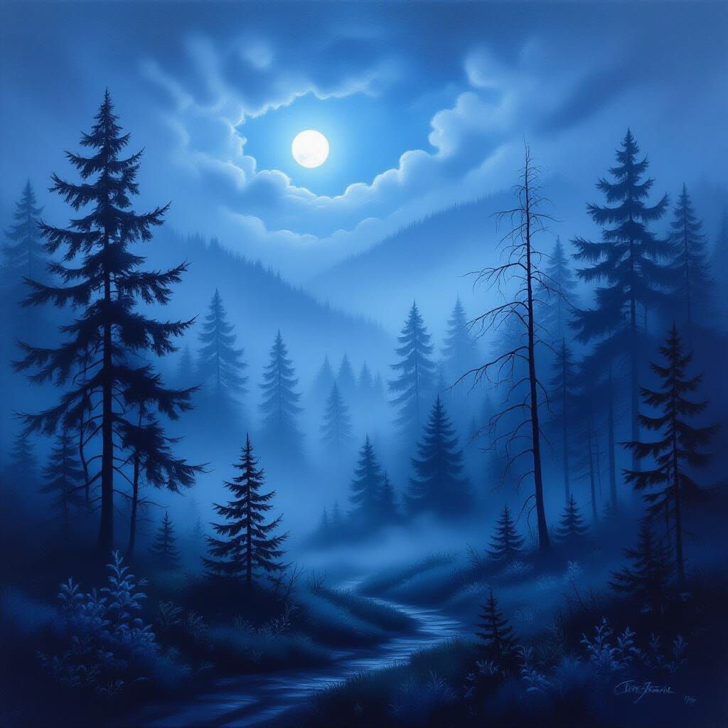 Ethereal Moonlit Forest Oil Painting