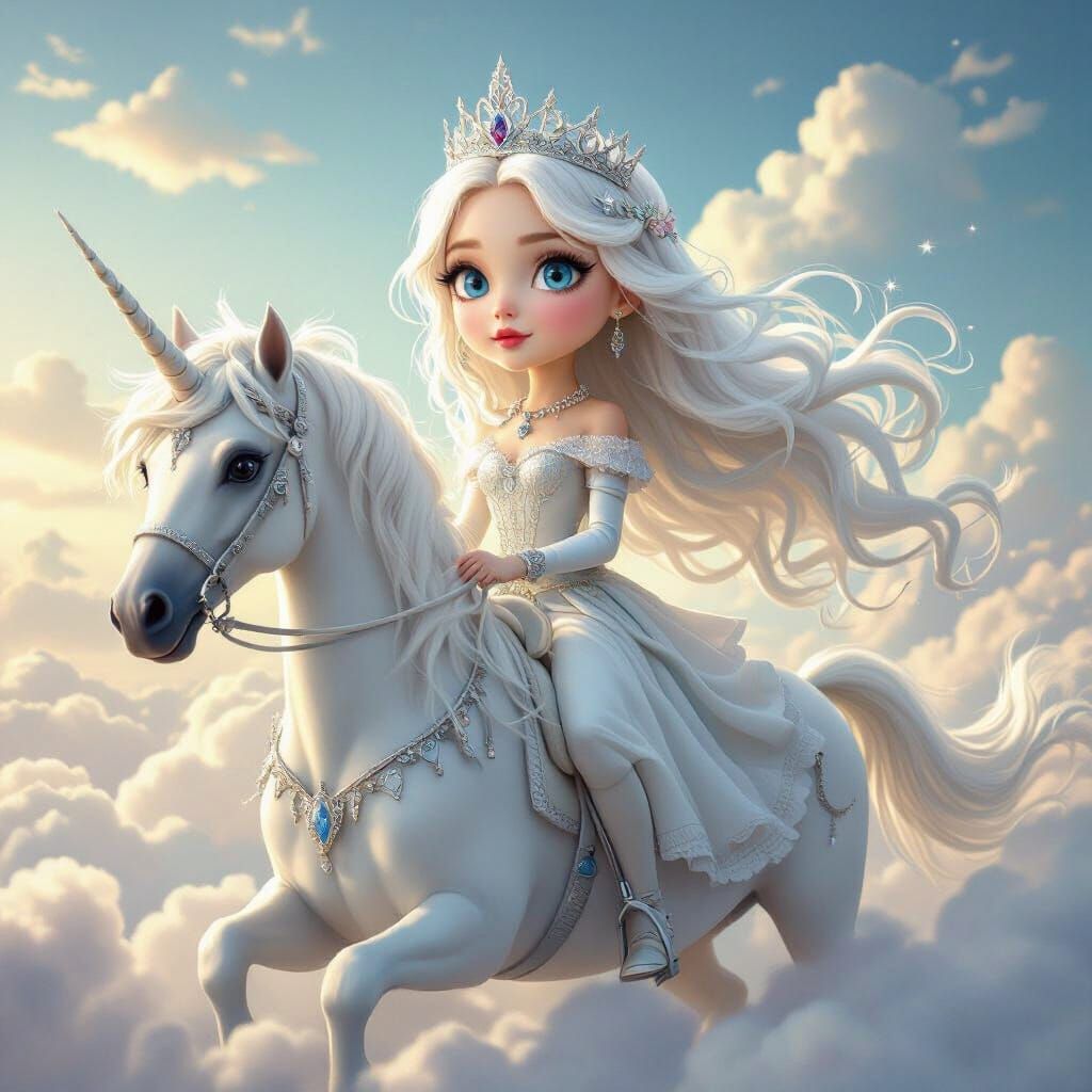 Princess Rides Unicorn on Clouds in Whimsical Style