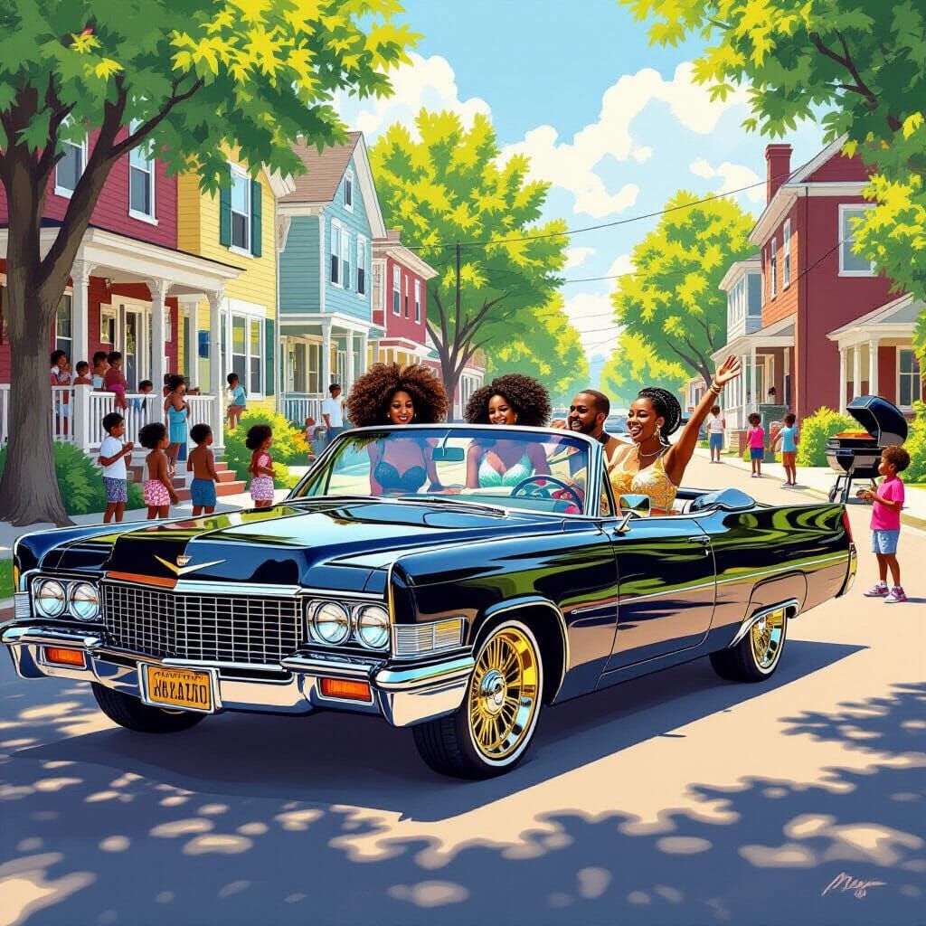 Vibrant Black Neighborhood Scene with Cadillac and Children ...