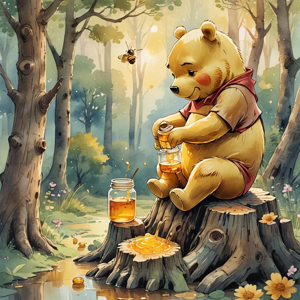 Winnie the Pooh Eating Honey in Pastel Watercolor Style