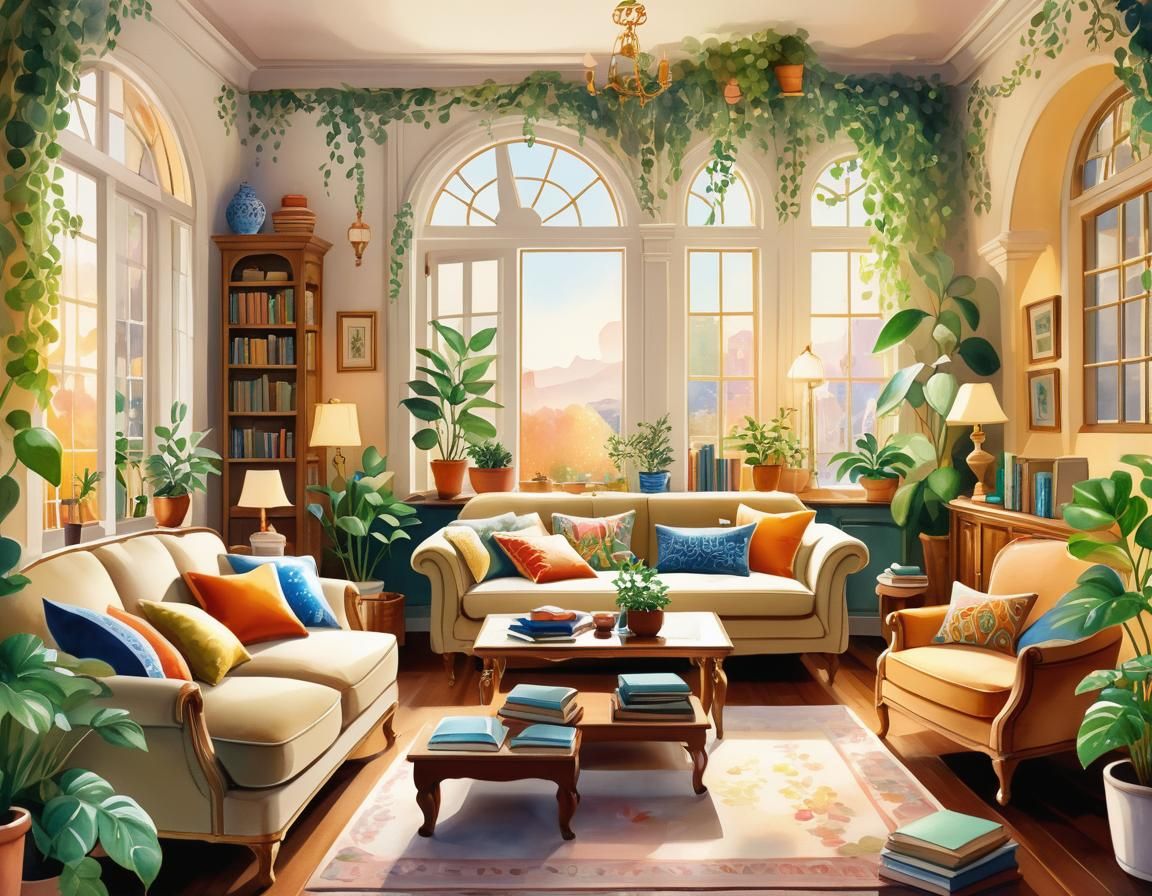 Cozy Living Room Illustration in Watercolor Style