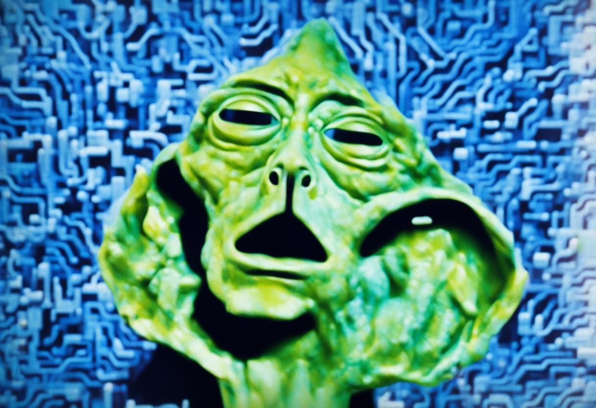 Four-Eyed Alien News Presenter in Glitch Art Style