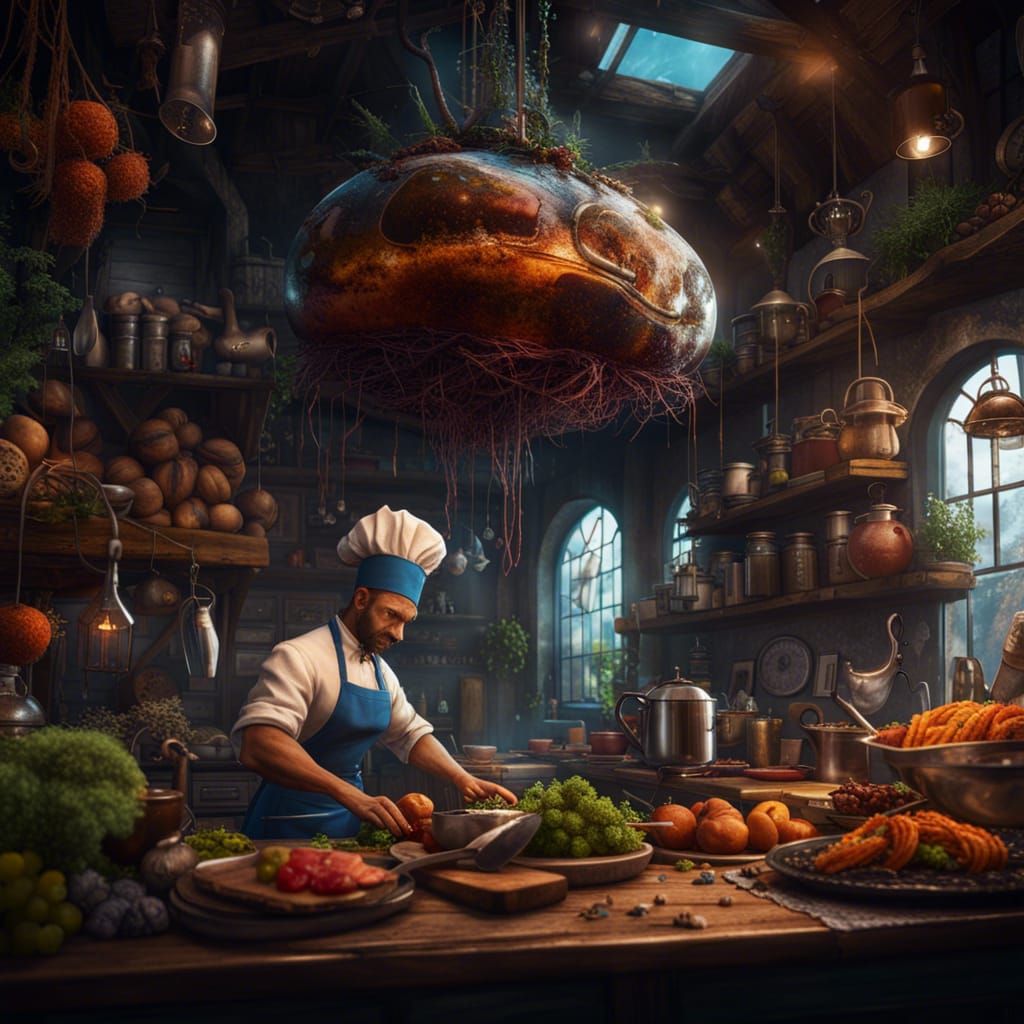 Fantastical Flying Chef in Detailed Matte Painting