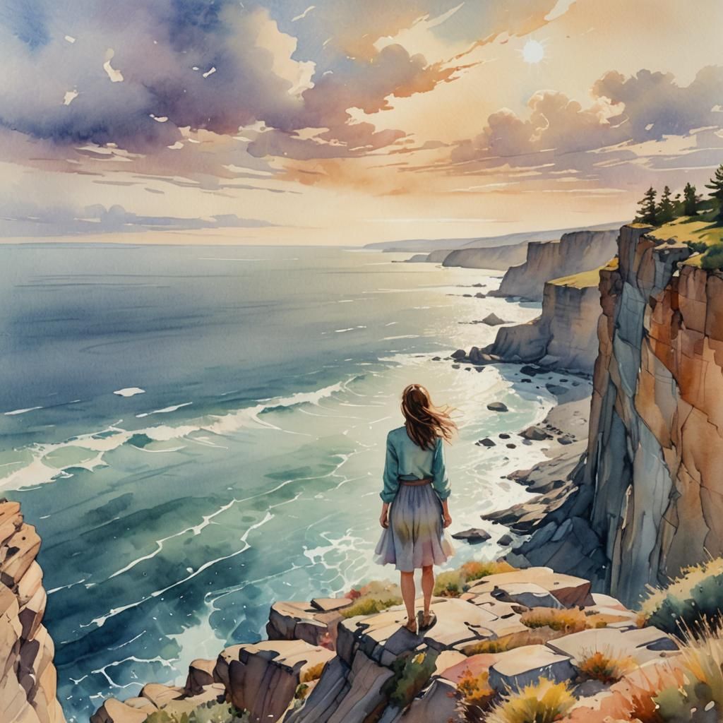 Girl on Windswept Cliff in Watercolor Style