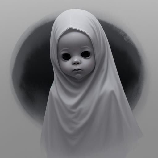 Creepy Child in Ghost Costume with Baby Ghost Companion