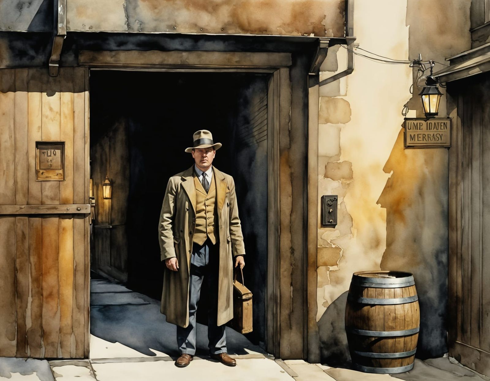 Burly Man Guards 1920s Speakeasy: Watercolor Illustration
