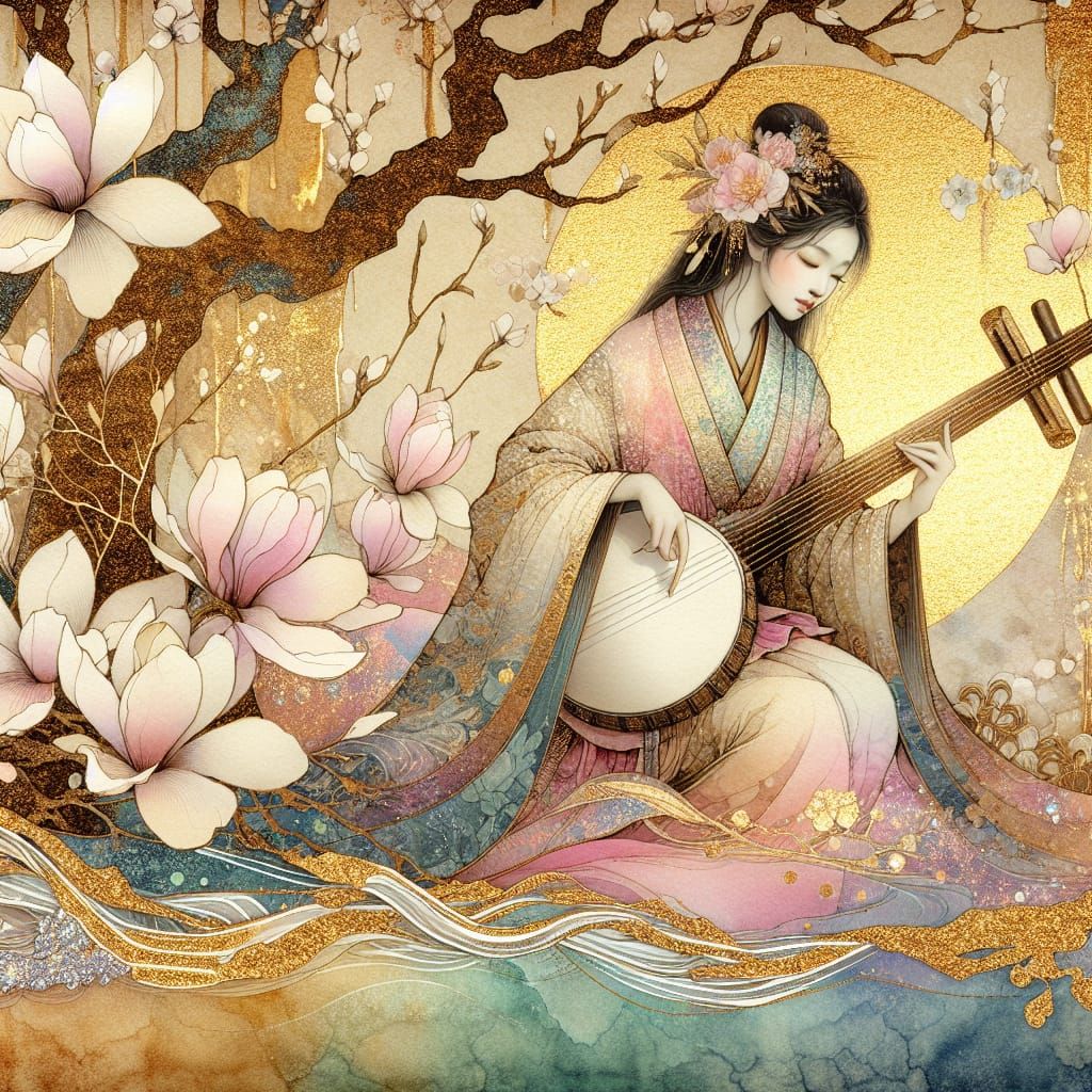 Serene Musician Under Magnolia Tree in Watercolor