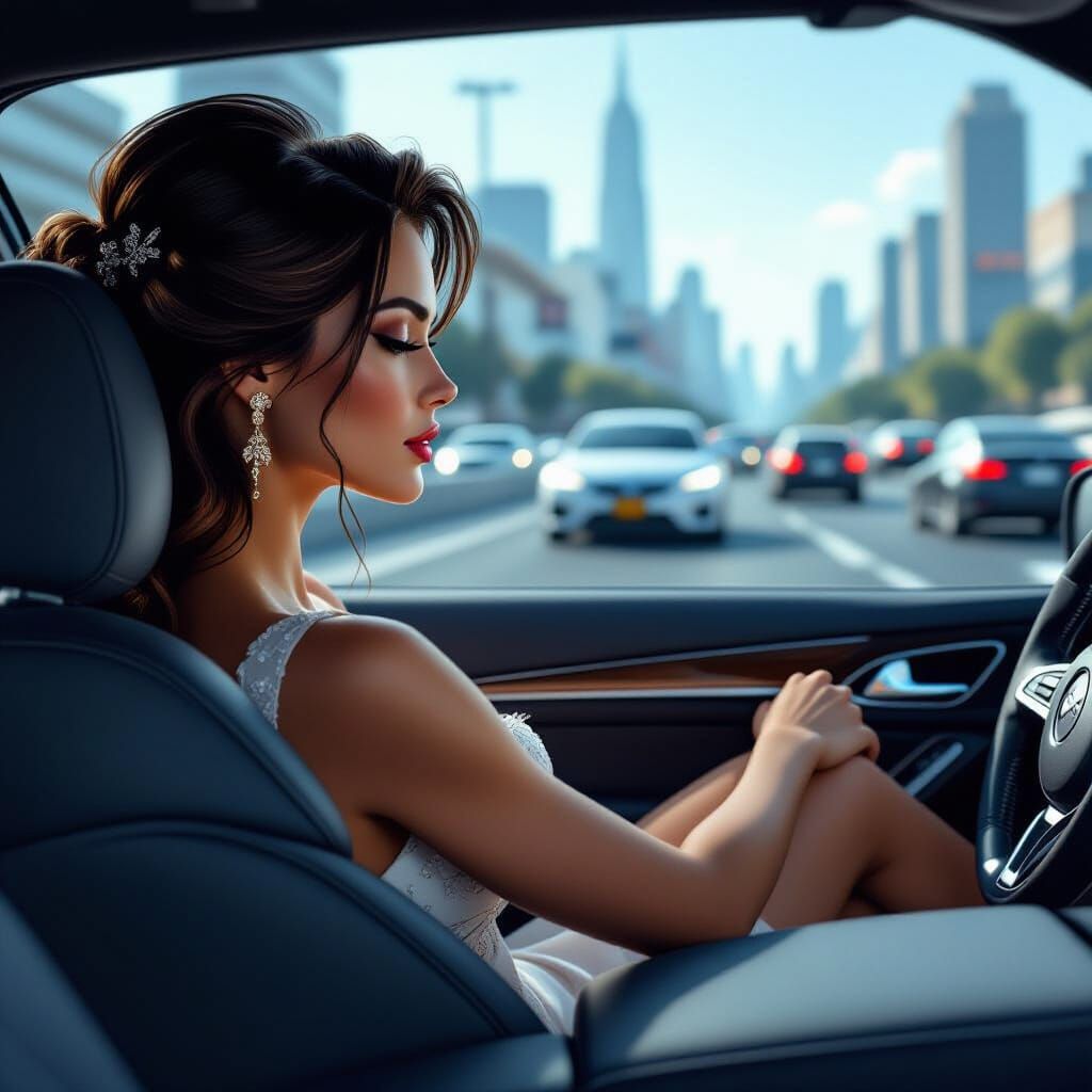 Elegant Woman Driving in Traffic: Photorealistic Sci-Fi Art