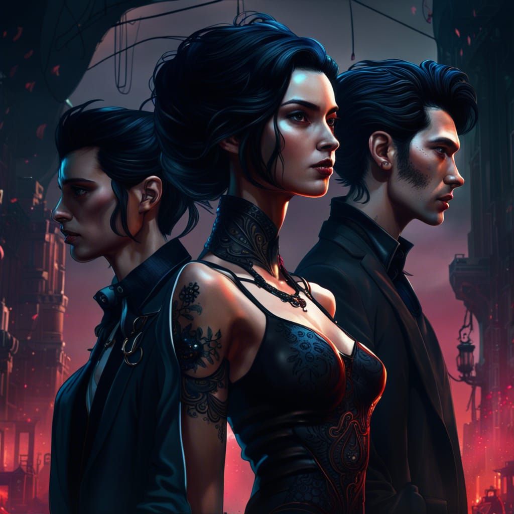 Twin Brothers and Girl in Noir Style Art