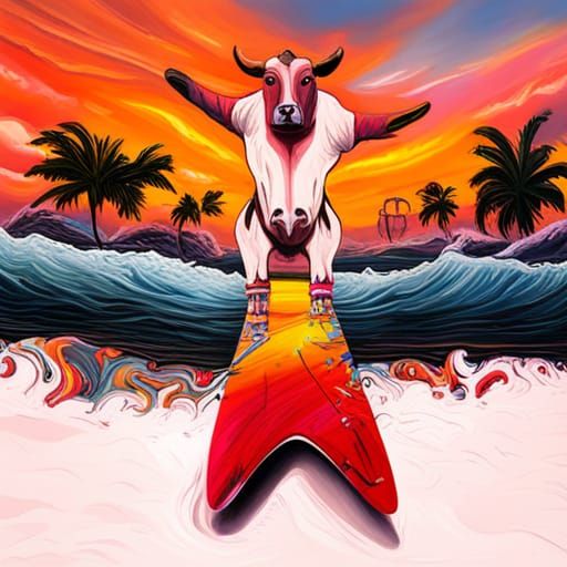 Cow on Surfboard in Graffiti Splash Art