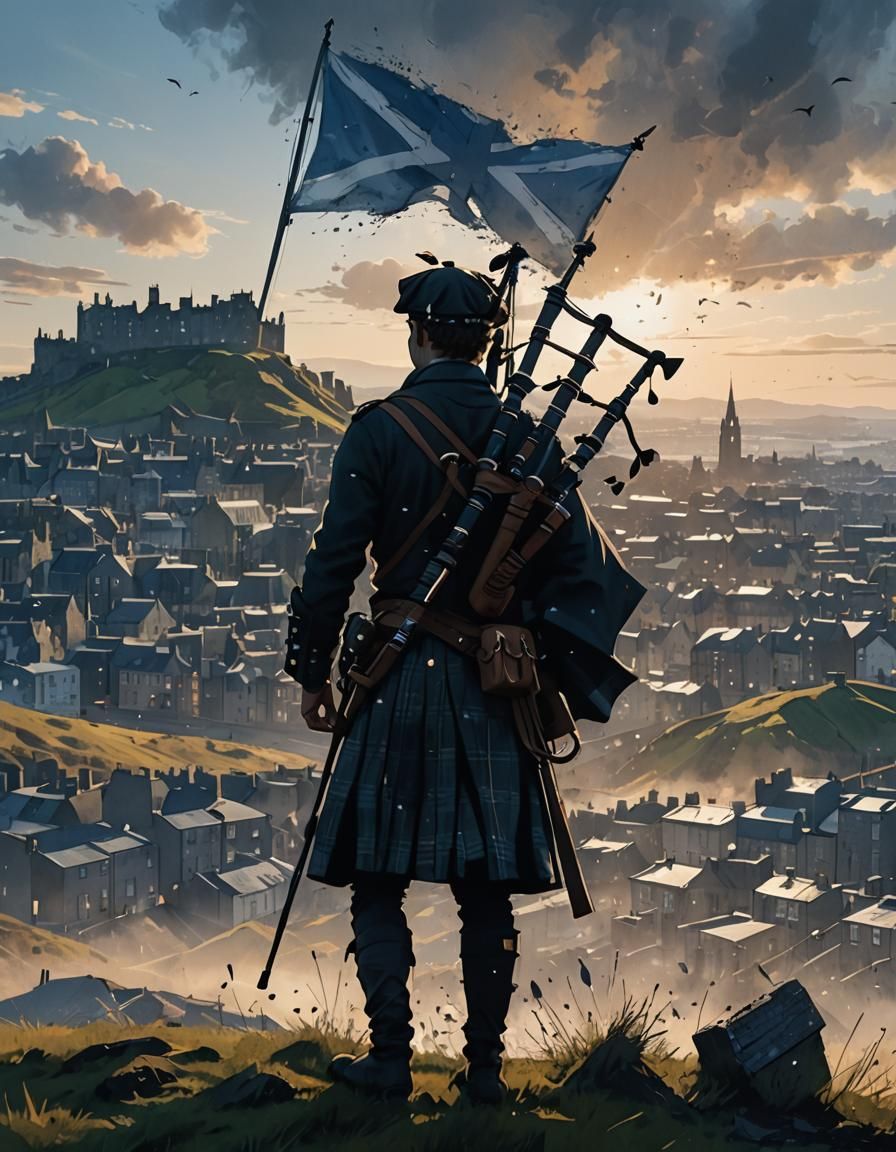 Lone Piper on Windswept Hill at Dawn