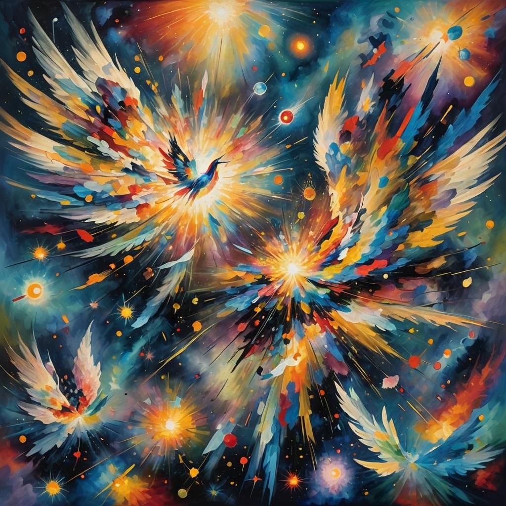Cosmic Explosion with Holographic Wings in Abstract Style