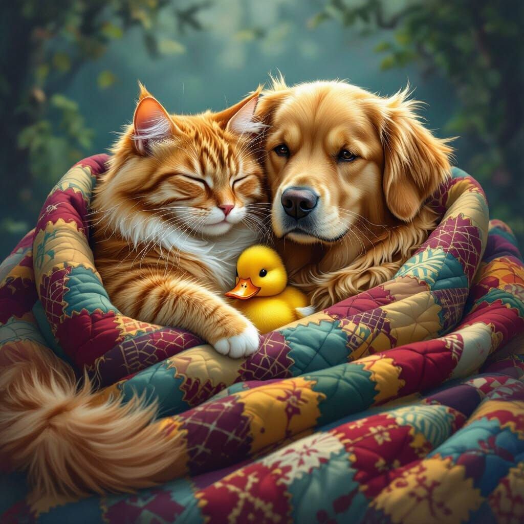 Cozy Cat, Dog, and Duck in Patchwork Quilt