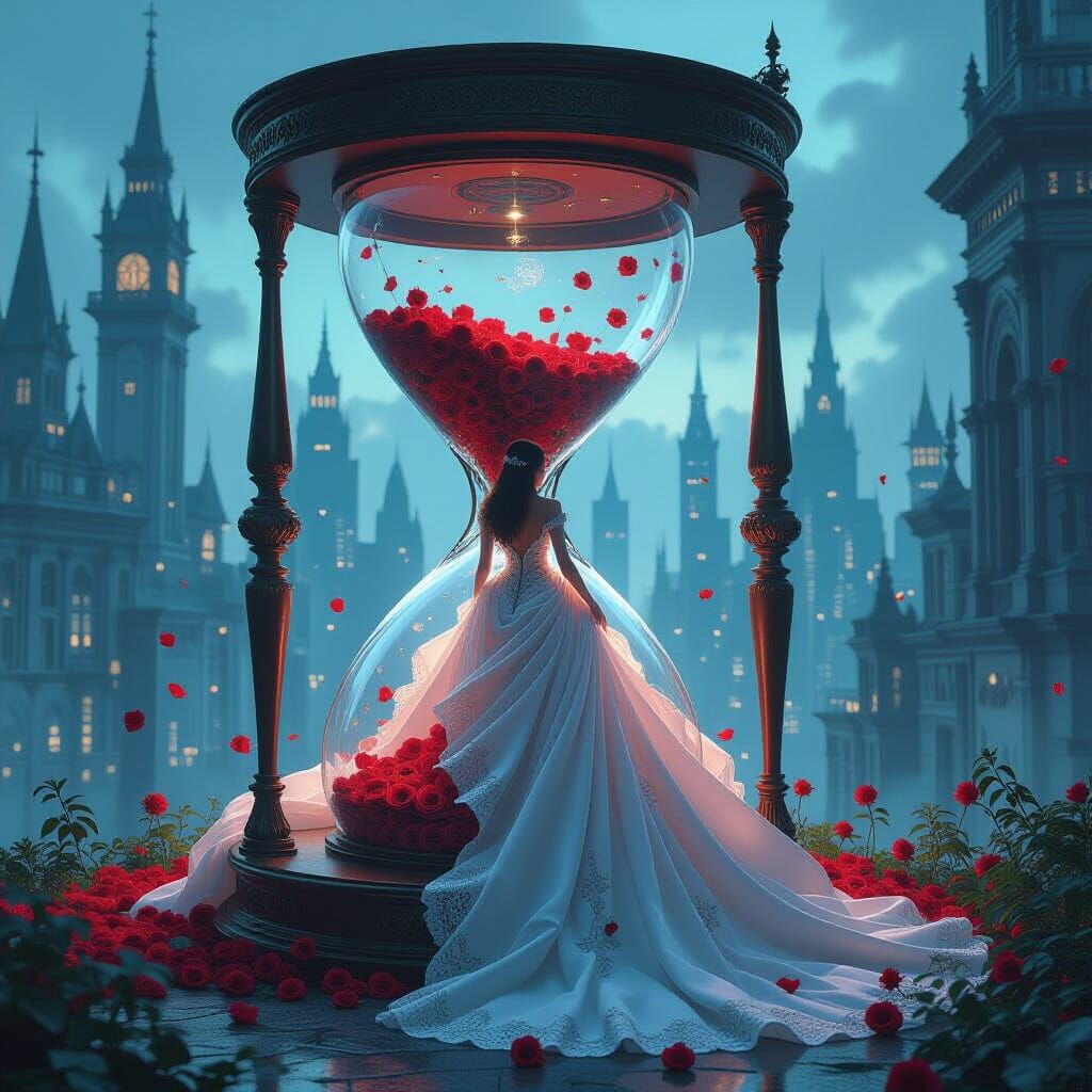 Hourglass Princess in Surreal Futuristic Cityscape