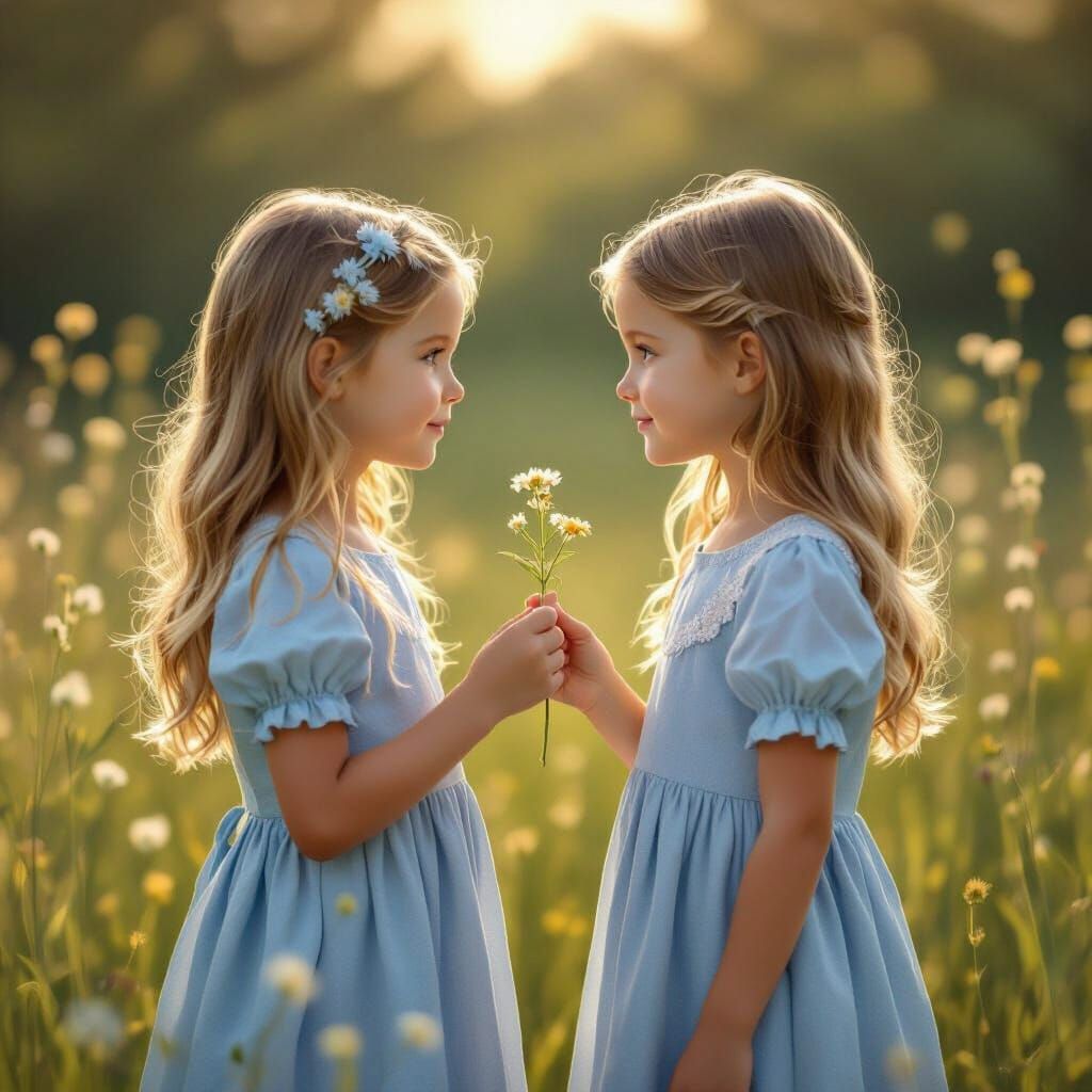Twin Sisters Share Flower in Sunlit Meadow