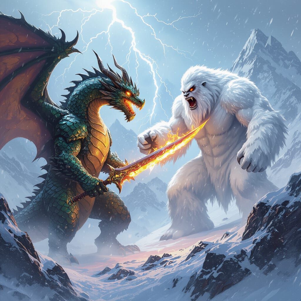 Dragon vs Yeti in Epic Dark Fantasy Battle