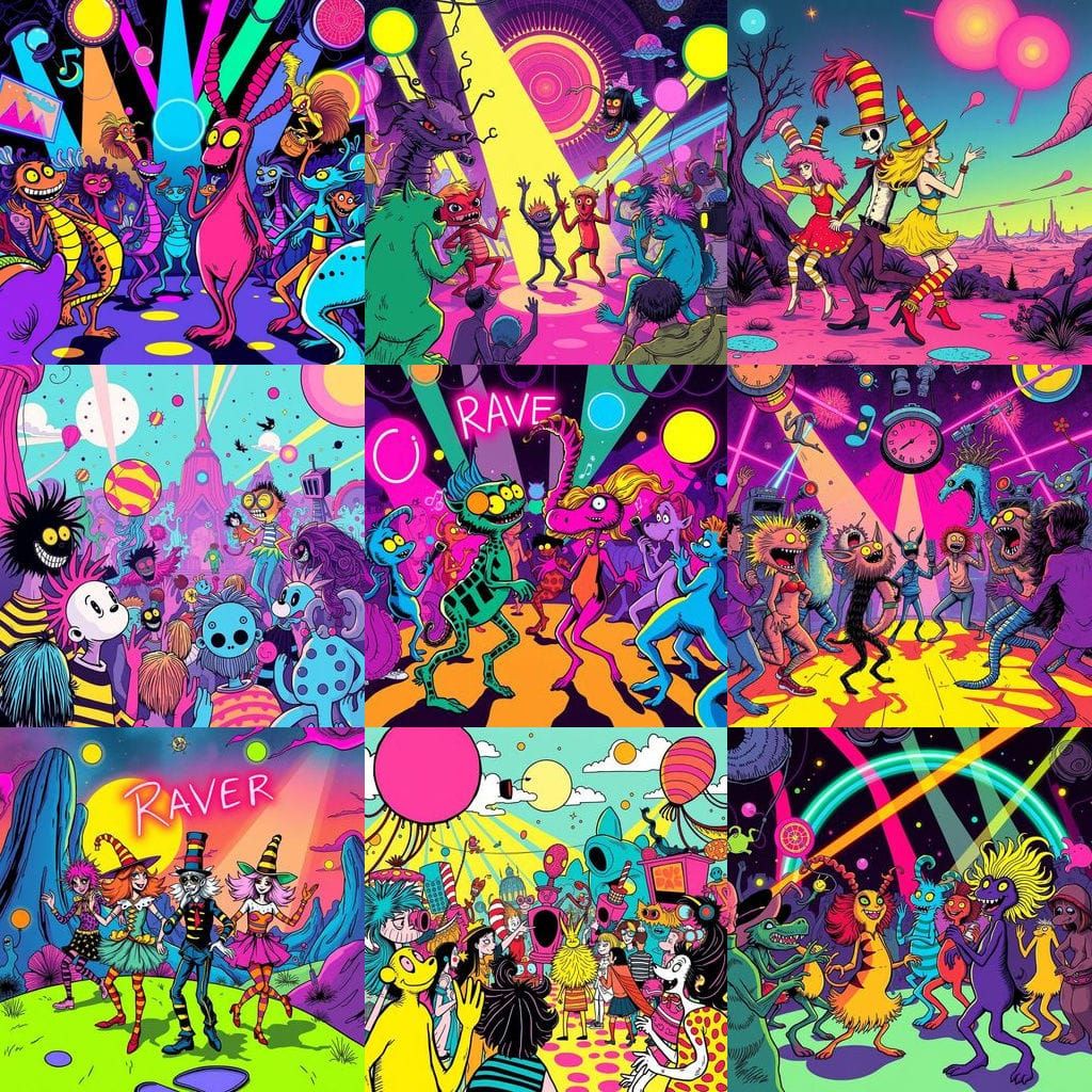 Whimsical Rave Scene in Dr Seuss Style