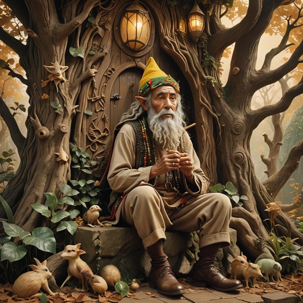 Rastafarian Elf Contemplating Universe in Magical Realism