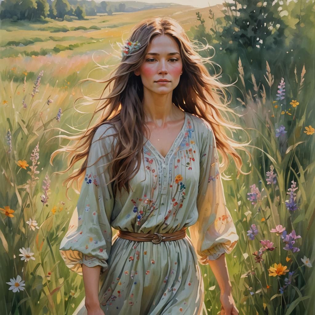 Impressionist Woman in Meadow with Sunlight