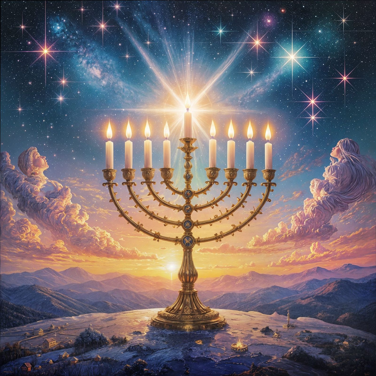 Lit Hanukkah Menorah in Cosmic Sky Oil Painting