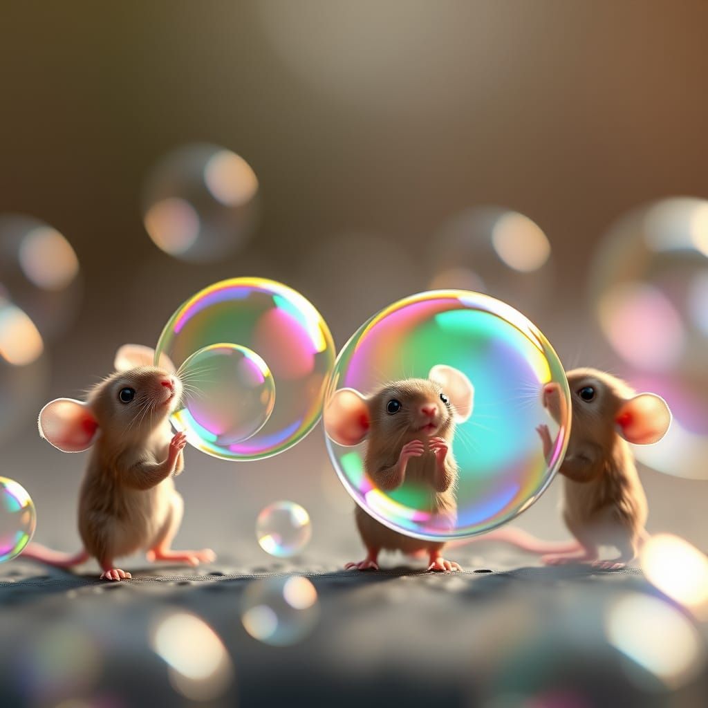 Tiny Mice Blowing Iridescent Soap Bubbles