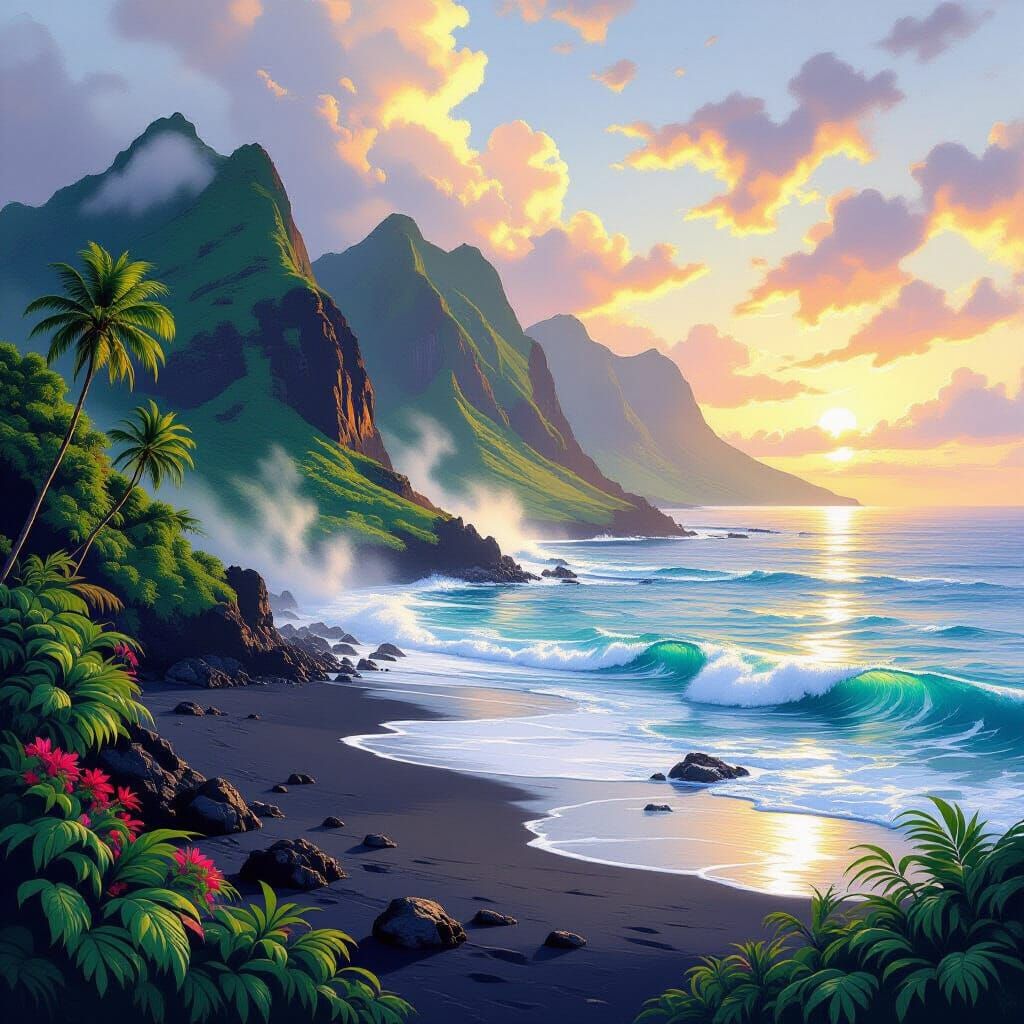 Golden Hour Hawaiian Landscape with Emerald Cliffs and Azure...